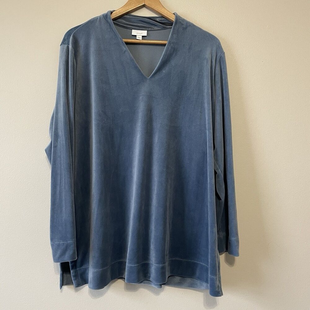J Jill PureJill Top Womens XL Blue  Velour Velvet Tunic Side Slit V Neck Soft